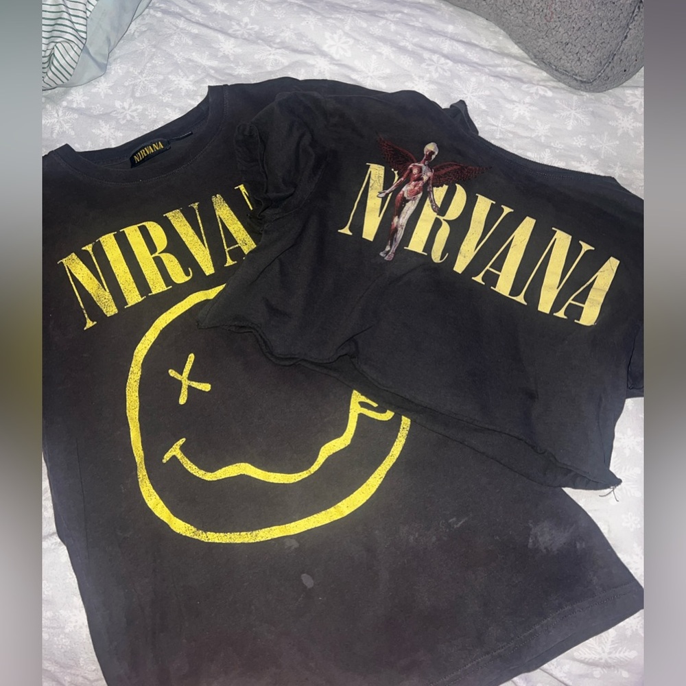 Two black nirvana tee shirts one is cropped size small and one is size medium